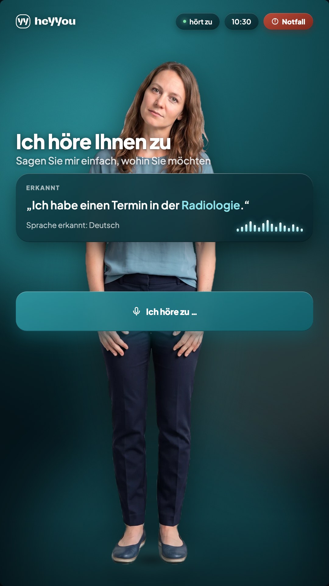 Terminal-Bildschirm: heYYou hört zu und erkennt das Ziel Radiologie