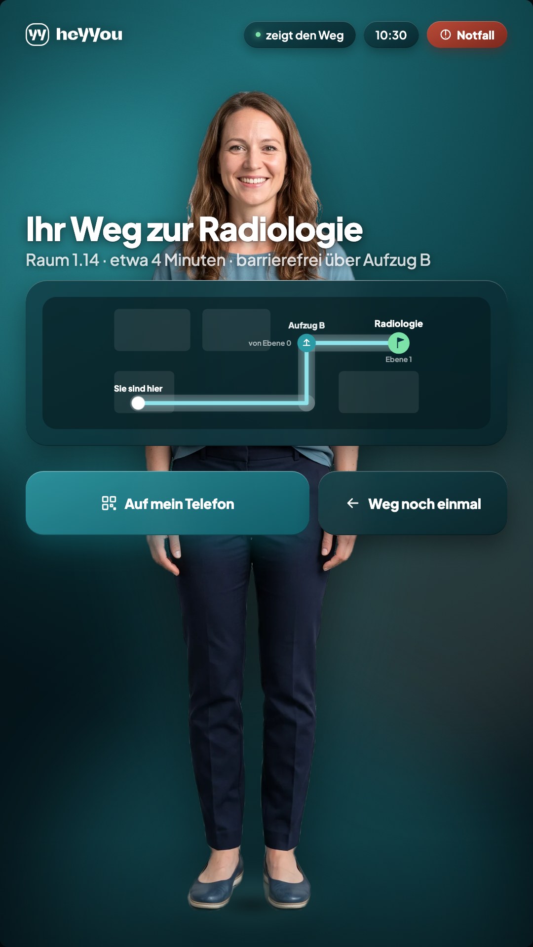 Terminal-Bildschirm: Lageplan mit dem Weg zur Radiologie