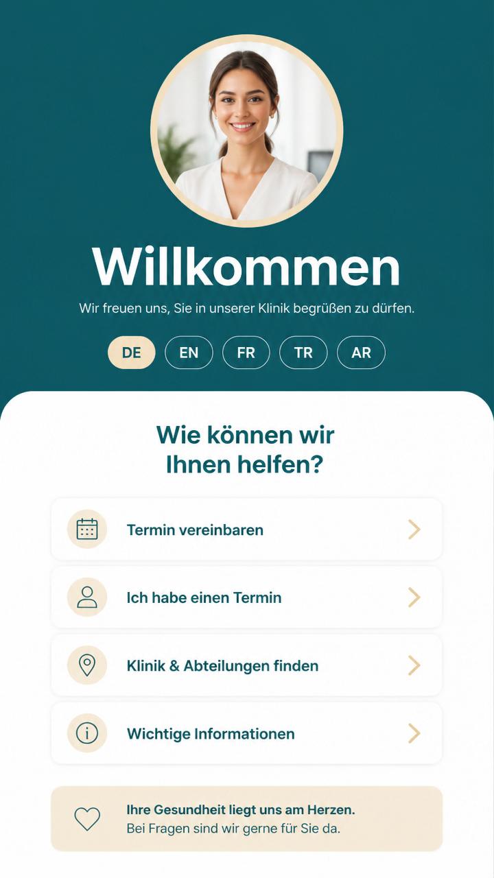 heYYou Willkommensbildschirm mit echter Avatarin, die Besucher mehrsprachig begrüßt
